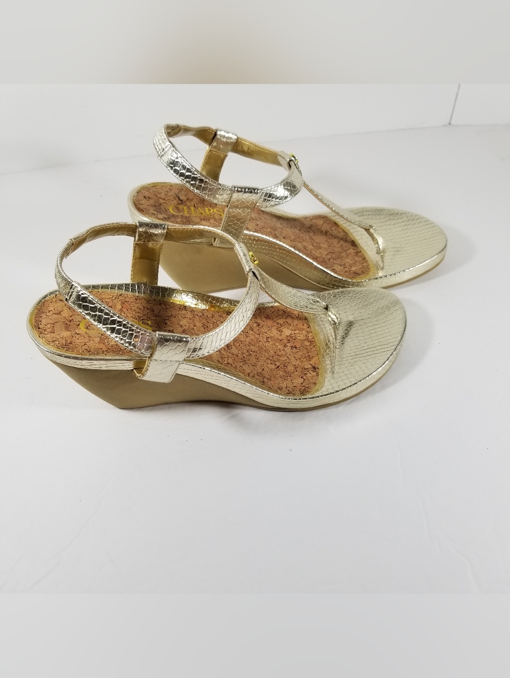 Chaps Raevyn Sandals Women's 9B Cork Thong Wedge Shoes Gold Coastal Beachy